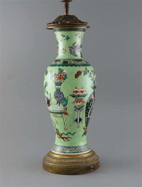 A Chinese Hundred Antiques lime green ground vase, 19th century, converted to a lamp, overall H.51.5cm
